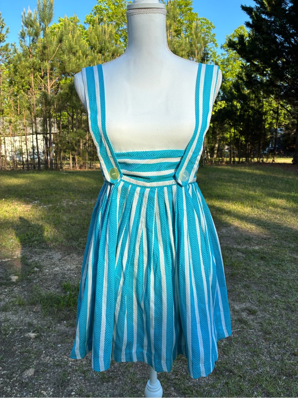 Vintage 1950s Juniors Turquoise Stripe Pinafore Sundress XXS XS